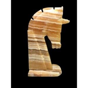 Carved Onyx Stone Unicorn Bust Bookend Doorstop Decor 8”Butterscotch Colors